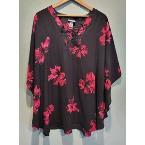 Catherines Black Pink Red Floral Poncho Tunic Top Sz 1X
